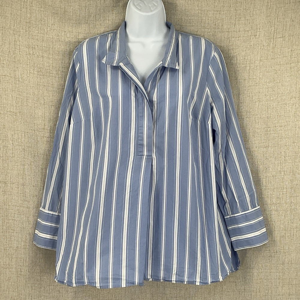 J.Jill Women Blouse L Petite Button Front Casual Blue White Striped Long Sleeve